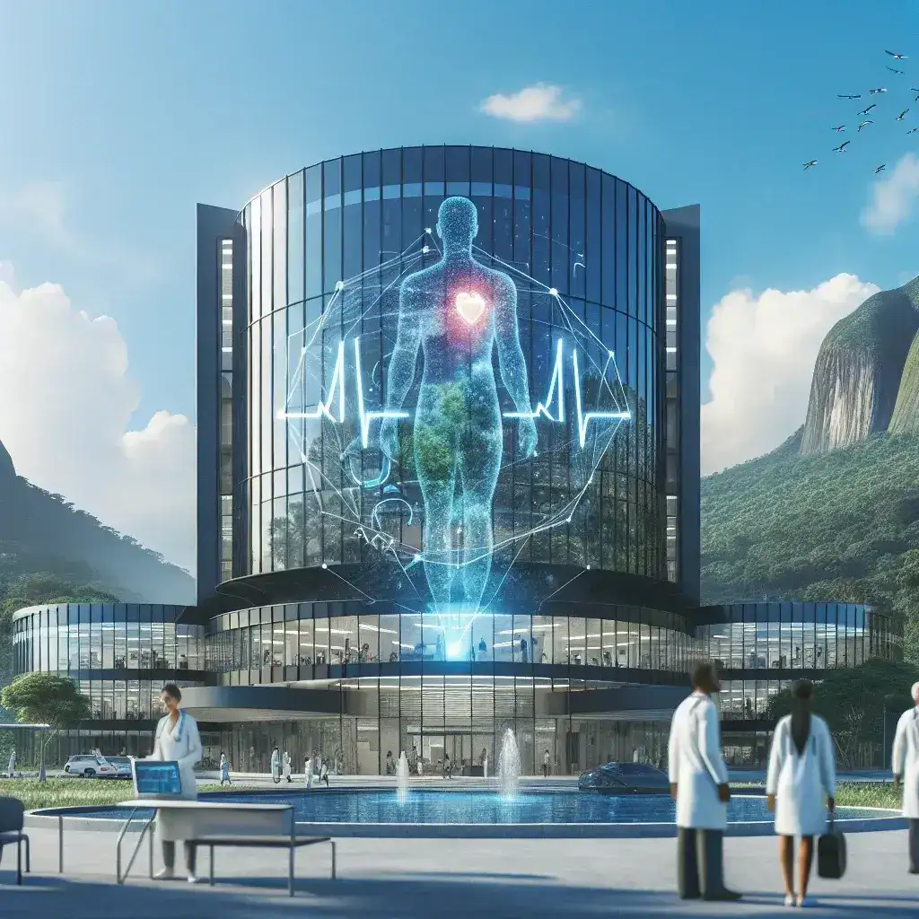 "Imagem de hospital brasileiro utilizando inteligência artificial para prever risco de infarto em pacientes, destacando tecnologia médica e inovação em saúde."